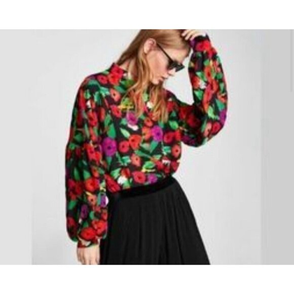 Zara Colourful Floral Balloon Sleeve Long Sleeve Top M - Picture 4 of 7